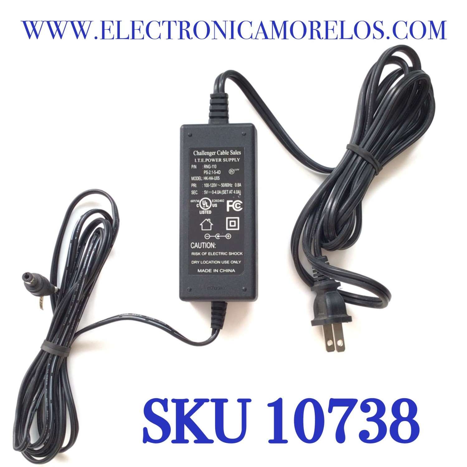 CARGADOR / ADAPTADOR DE FUENTE DE ALIMENTACION CHALLENGER VCA-VCD  / NUMERO DE PARTE RNG-110 / PS-2.1-5-4D / E202402 / ENTRADA VCA 100-120V~ 50/60HZ 0.8A / SALIDA VCD 5V 0-4.0A (SET AT 4.0A) / MODELO HK-HA-U05